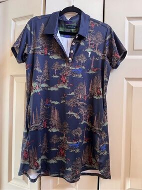 William Murray Golf Womens Navy Blue Shirtdress Camping Scene Print- Size Large